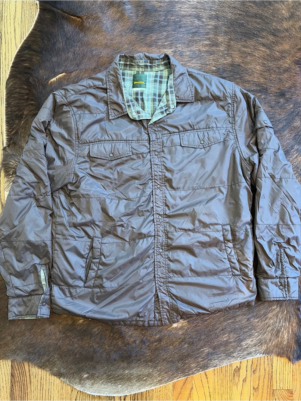 prAna Men L Quilted Insulated Plaid Lined Snap Front Shirt Jacket Shacket Skater